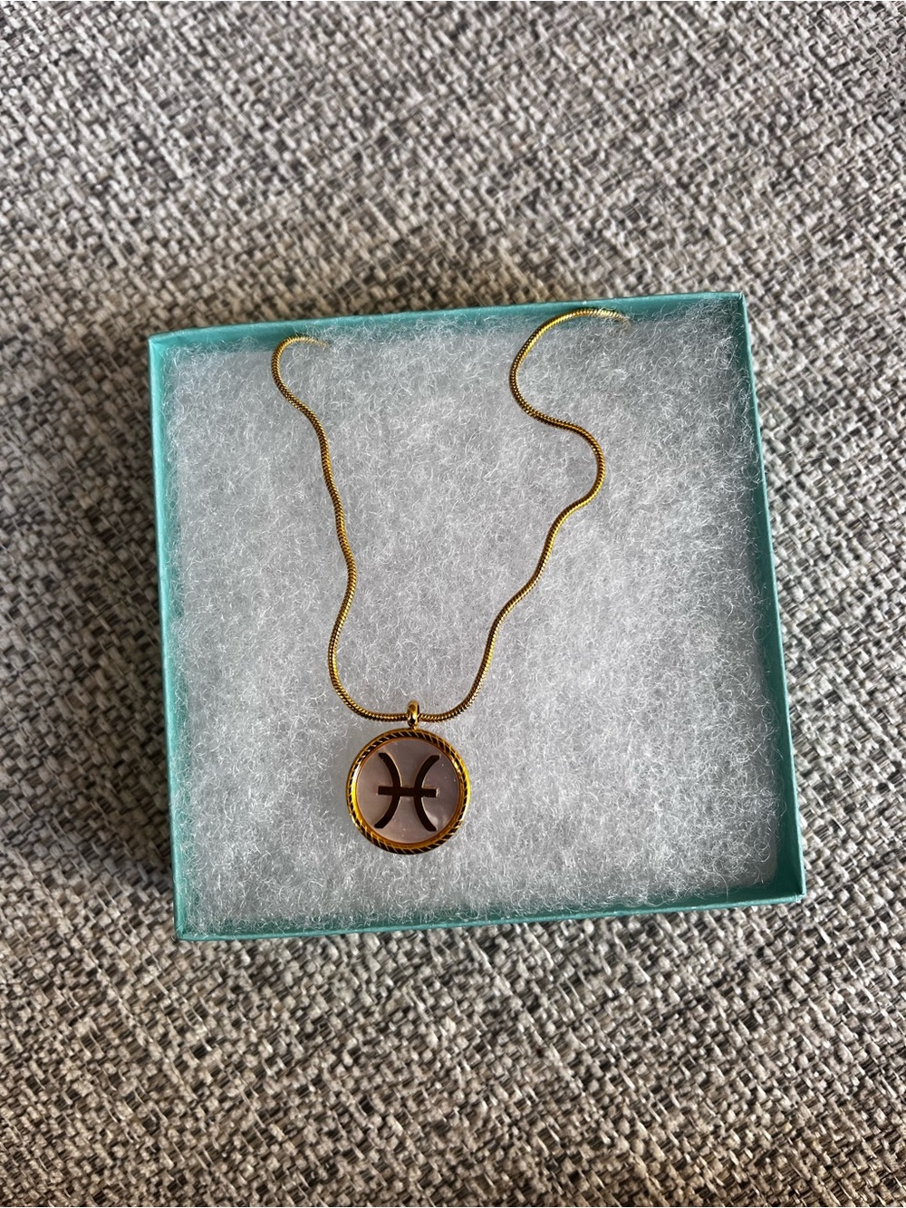 Gold Pisces Zodiac Charm Necklace in White Enamel